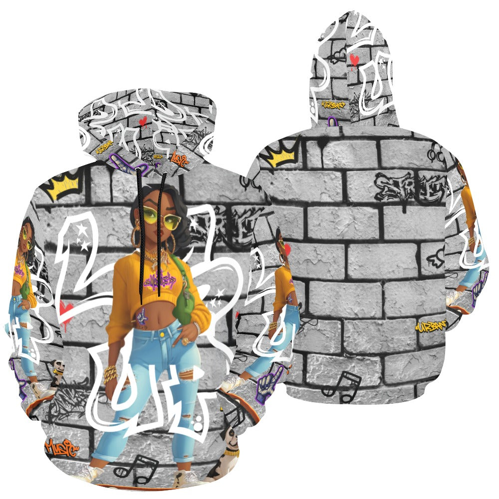 L's Up Street Cartoon Woman and Dog All Over Print Hoodie