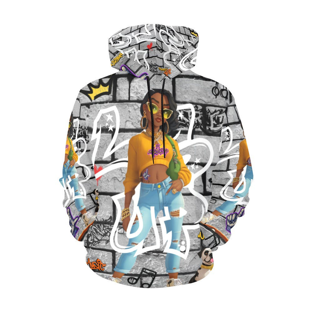 L's Up Street Cartoon Woman and Dog All Over Print Hoodie